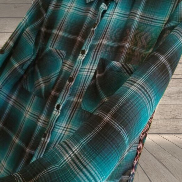 Xhilaration dark teal, light teal, white plaid sheer, long sleeved button-up - Picture 3 of 4